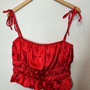 PLT Red Satin Tie-Strap Crop Top